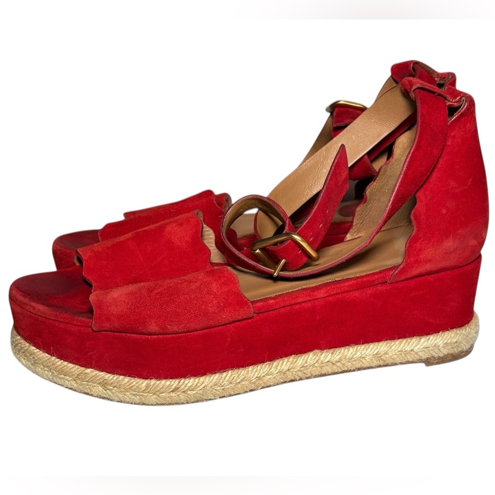 Chloe Red Suede Platform Sandals Espadrille Ankle Wrap Buckle EU42 US 10.5-11